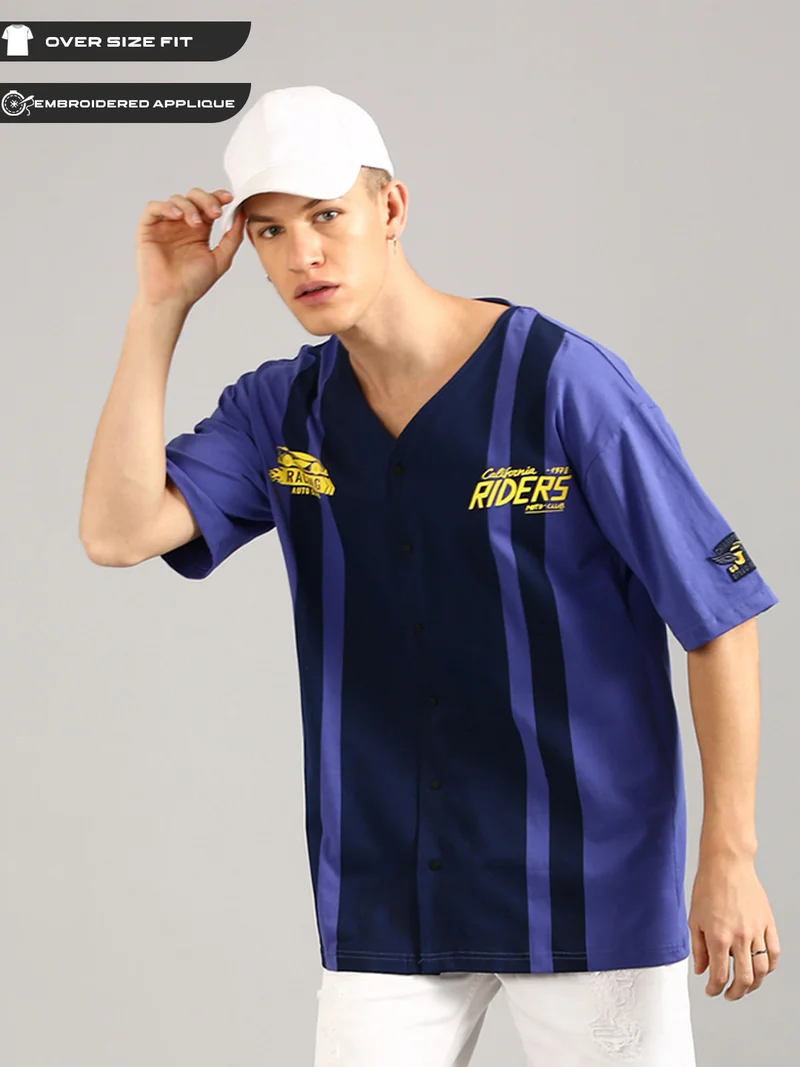 جوفن تيشيرت رجالي قطن خالص كبير الحجم بطبعة بنفسجي وكحلي