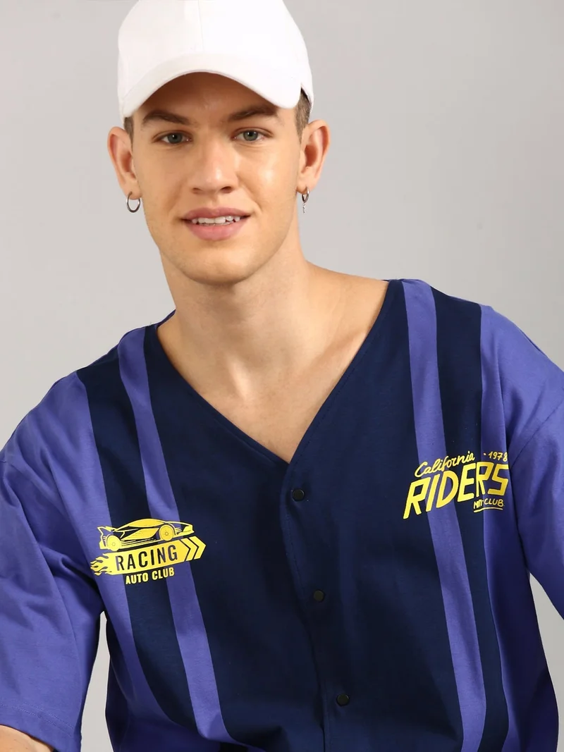 جوفن تيشيرت رجالي قطن خالص كبير الحجم بطبعة بنفسجي وكحلي