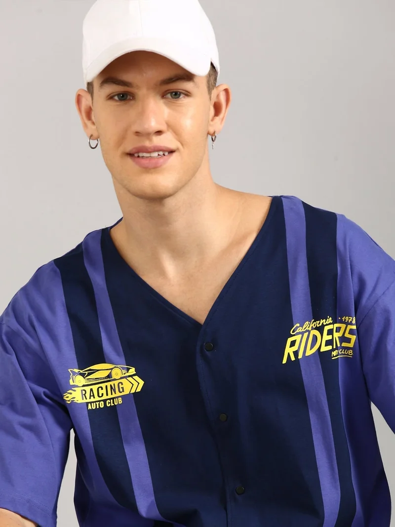 جوفن تيشيرت رجالي قطن خالص كبير الحجم بطبعة بنفسجي وكحلي