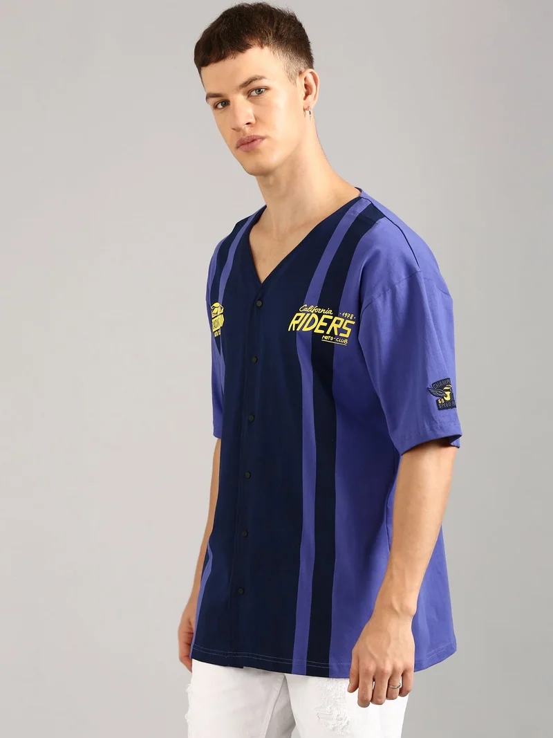 Joven Men Violet and Navy Printed Pure Cotton Oversized T-Shirt