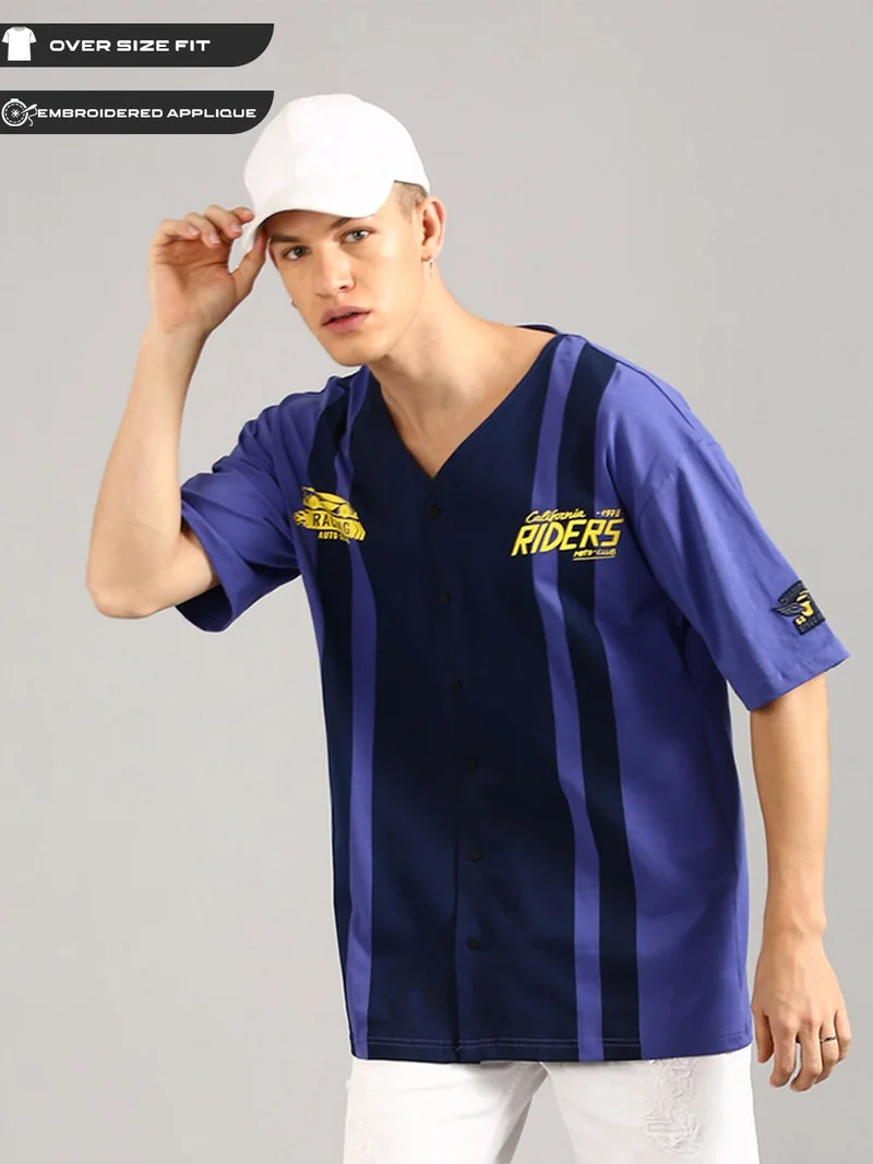 Joven Men Violet and Navy Printed Pure Cotton Oversized T-Shirt