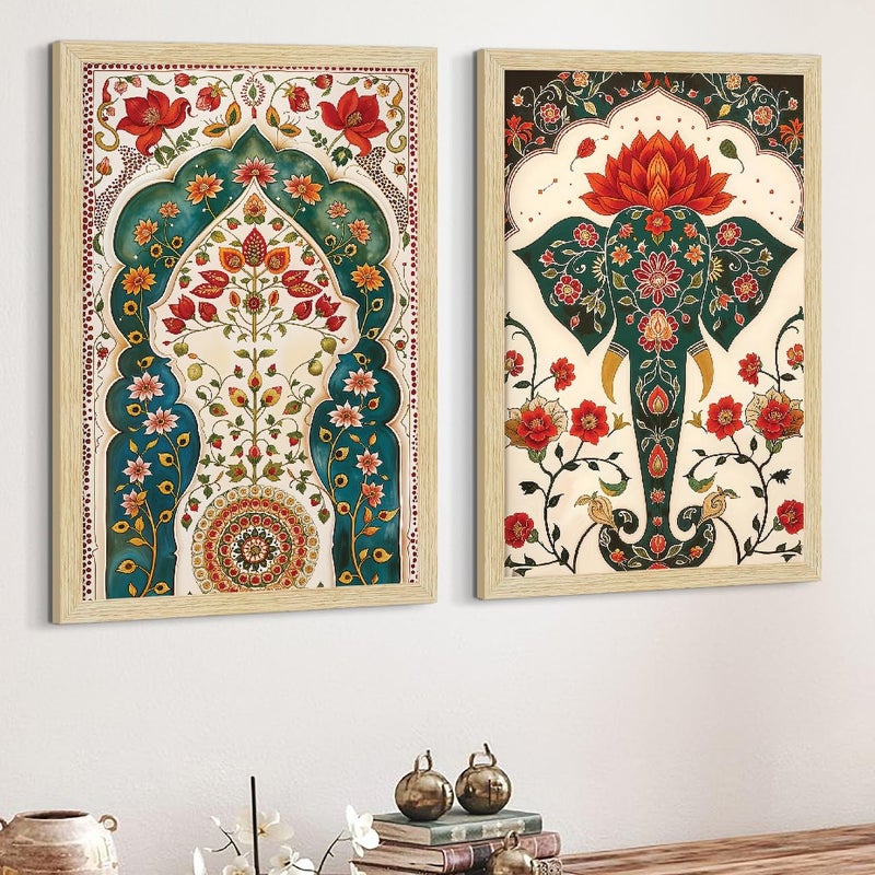 ArtX Paper Madhubani Art Paintings with Frame for Home Decor Floral Wall Painting for Living Room Multicolor Natural Wood Color Frames Set of 2