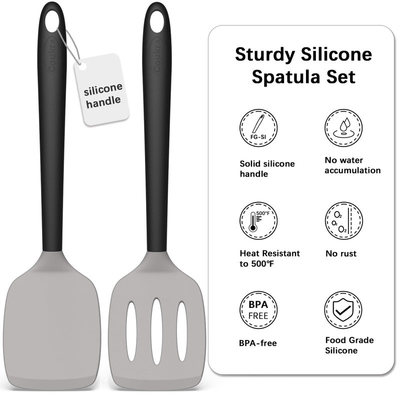 Coukre 2 Pack Silicone Spatula Set, High Heat Resistant, BPA Free Kitchen Spatula, Solid & Slotted Turner for Non-Stick Pans, SautÃ©ing, and Flipping (2, Gray) - Image 2