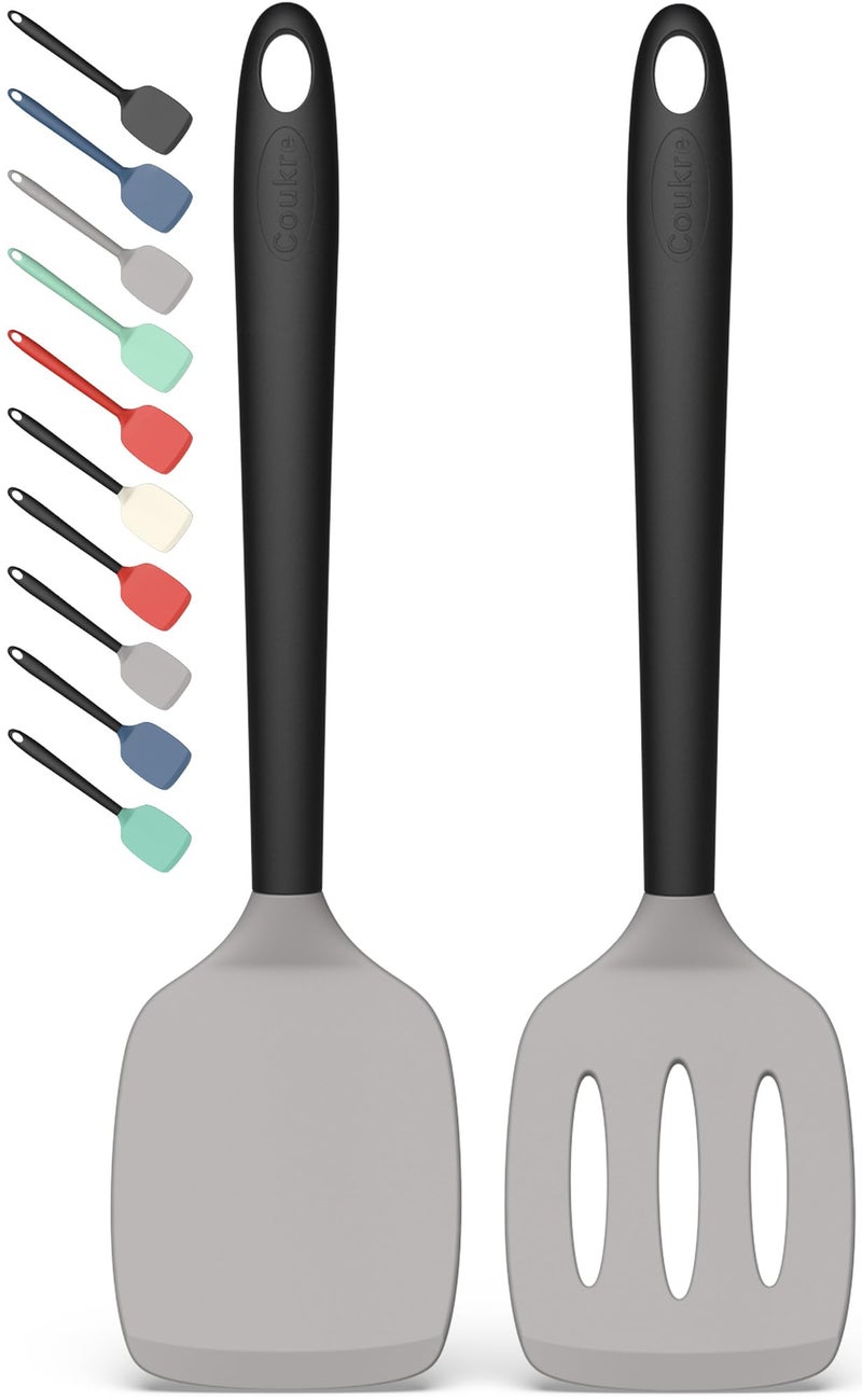 Coukre 2 Pack Silicone Spatula Set, High Heat Resistant, BPA Free Kitchen Spatula, Solid & Slotted Turner for Non-Stick Pans, SautÃ©ing, and Flipping (2, Gray) - Image 1