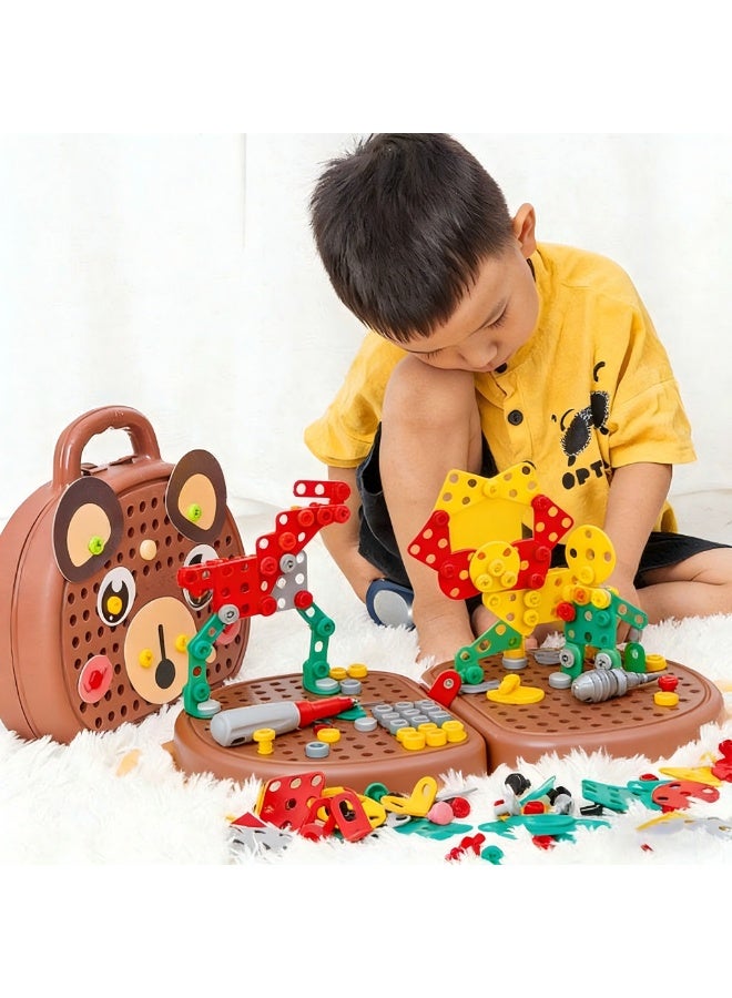 203-Piece Kids Repair Tool Box, Creative Construction Engineering Building Block Games with Toy Drill and Screwdriver Tool Set, Brown - Image 2