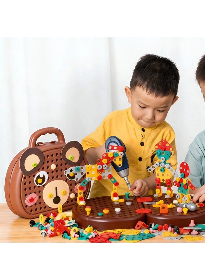 203-Piece Kids Repair Tool Box, Creative Construction Engineering Building Block Games with Toy Drill and Screwdriver Tool Set, Brown - Image 3