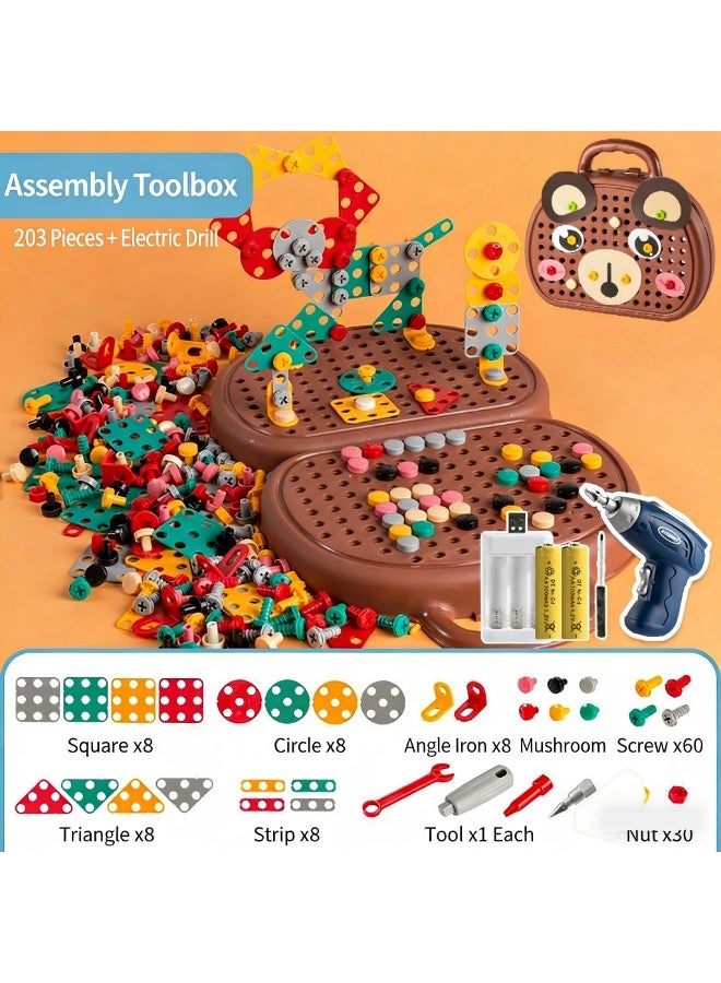 203-Piece Kids Repair Tool Box, Creative Construction Engineering Building Block Games with Toy Drill and Screwdriver Tool Set, Brown - Image 1