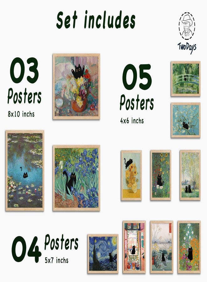 TwoDays Vintage Black Cat Room Decor, Funny Cats in Famous Painting, Monet Van Gogh Matisse Wall Art Prints for Bathroom Bedroom Aesthetic (Multi Sizes, Set of 12, 8" X 10" Largest, UNFRAMED) - Image 2