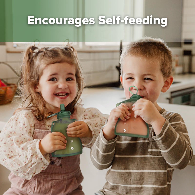 haakaa Baby Food Pouch Refillable Baby Squeeze Silicone Yummy Pouch, Soft Reusable Squeeze Storage Food Pouch for Kids Toddler,Home Made Food Puree,Smoothie Pouch Bag, 4oz, 4 Pack,6m+(Pea Green) - Image 3