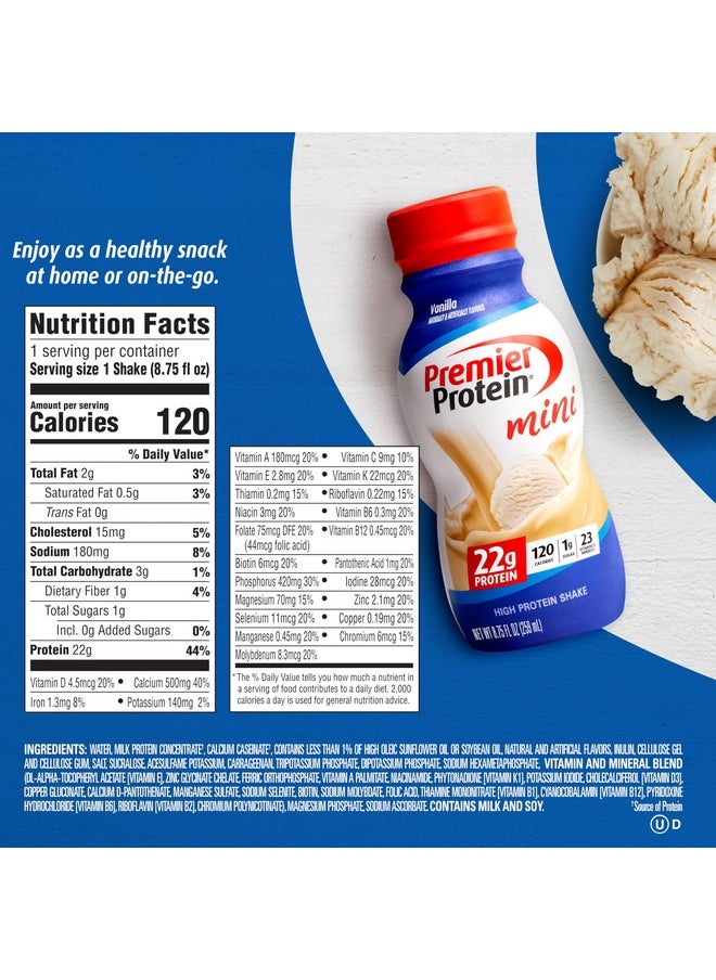 Premier Protein - Shake Minis, Vanilla, 22G Protein, 120 Calories, 1G Sugar, 8.75Fl Oz, Pack Of 12 - Image 1