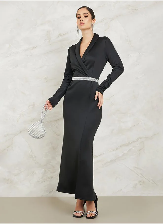 ستايلي Notch Collar Embellished Waistband Maxi Dress