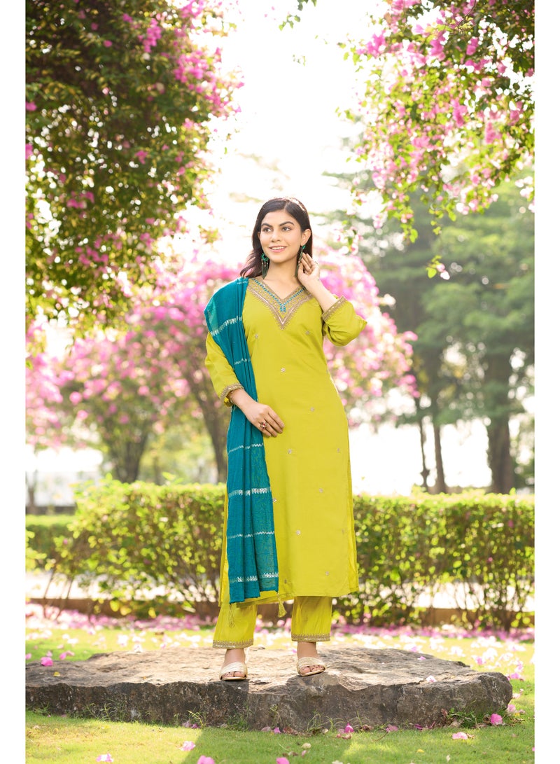 VISHVA CREATION Lime Embroidered Kurta Suit Set for Women - Image 1