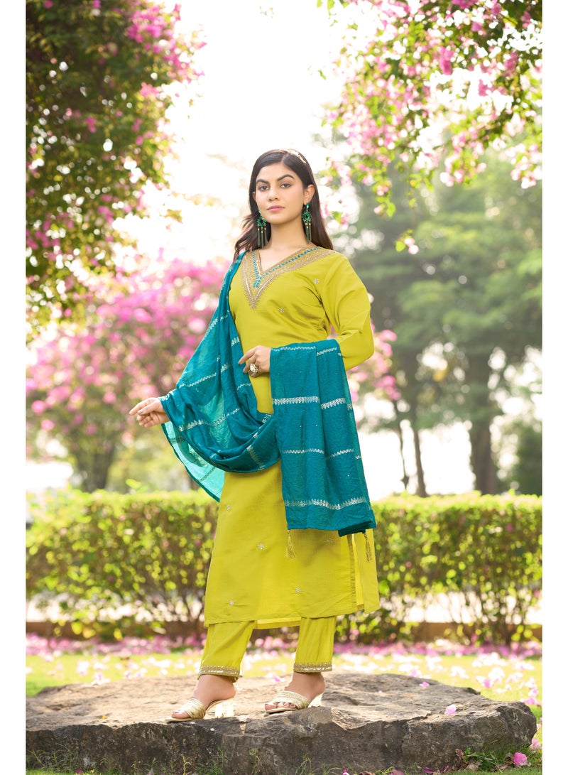 VISHVA CREATION Lime Embroidered Kurta Suit Set for Women - Image 3