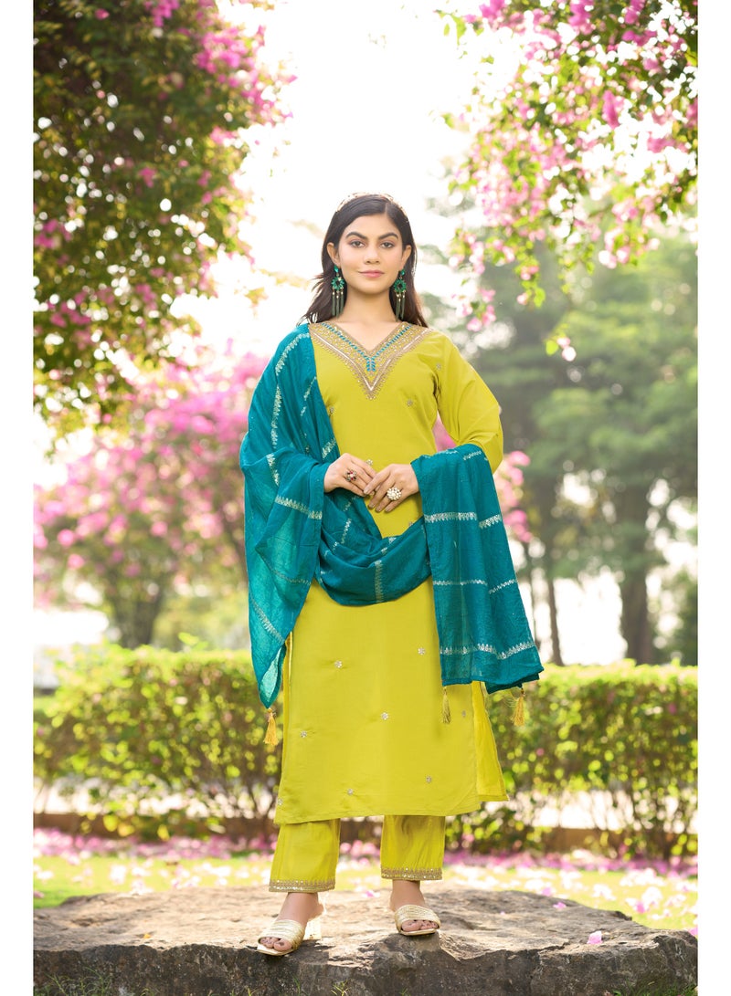VISHVA CREATION Lime Embroidered Kurta Suit Set for Women - Image 2