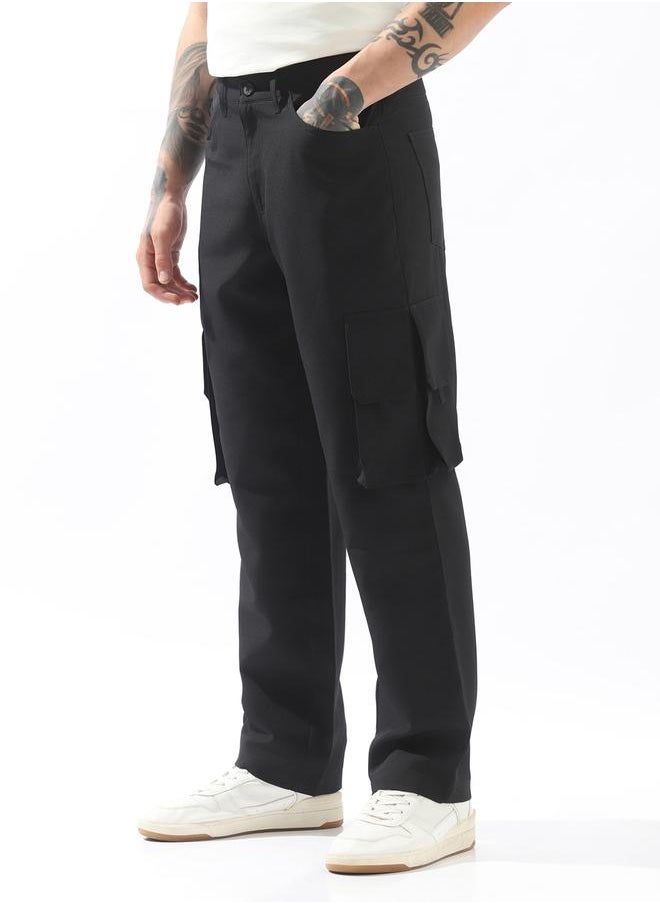 Hubberholme Black Trousers Solid Button Woven Full Cargo Mid-Rise for Men – Make every day iconic  - Image 3