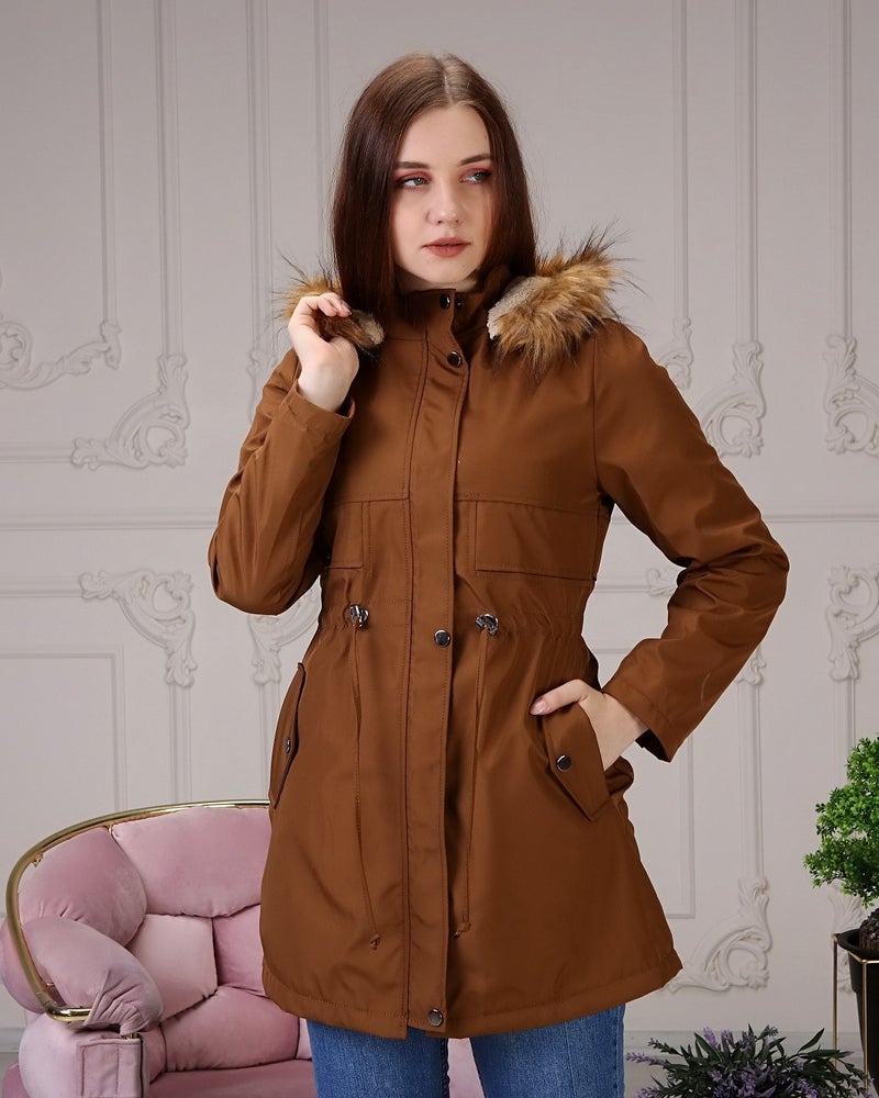 Vibeys Collection Brown Fur Lined and Waterproof Plus Size Oversized Women's Winter Coat & Jacket - Image 1