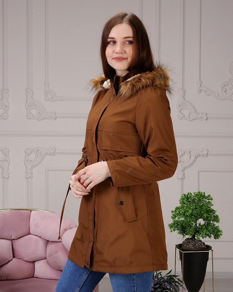 Vibeys Collection Brown Fur Lined and Waterproof Plus Size Oversized Women's Winter Coat & Jacket - Image 3