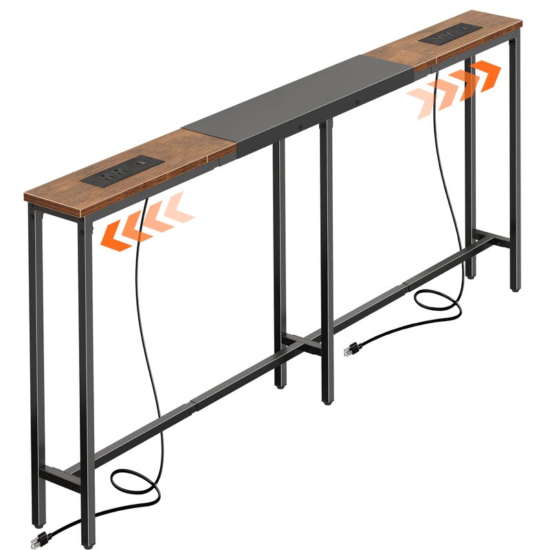 Huuger Narrow Sofa Table with 2 Power Outlets, 63-86.6 Inch Adjustable Length, Behind The Couch Table with USB-C Ports, Long Entryway Console Table, Anti-tip Kit, for Hallway Entry, Rustic Brown - Image 1