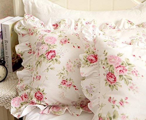 FADFAY Shabby Pink Rose Floral Print Pillowcases Elegant Country Style Vintage Lace Ruffles Bedding Pillow Covers KingCal King Size 20 x 36