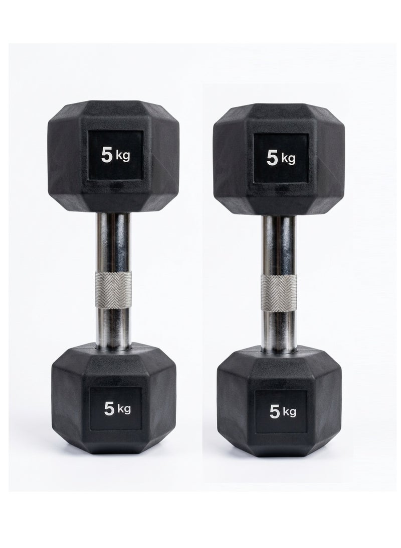 Rubber Dumbbells with Metal Handles for Home and Gym Strength Training (Pack of 2) (5 kg), Black - Image 1