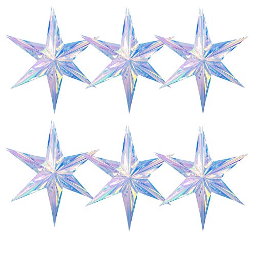Crafjie 6 Pack 15.74 Inch Iridescent Ornament Star Hanging Decorations Hexagon Star Clear Foil Decorative Folding Rainbow Shine Party Ornaments for Bridal Shower Wedding Birthday Frozen Theme Decoration - Image 1