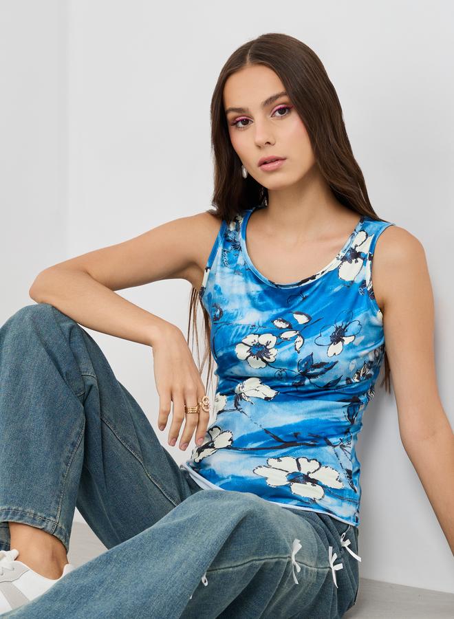 تايك تو بلوزة بدون أكمام بطبعة زهور بياقة مستديرة - Image 1