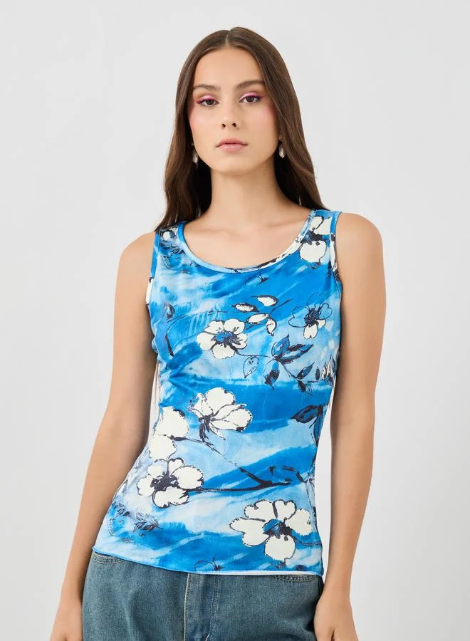 تايك تو بلوزة بدون أكمام بطبعة زهور بياقة مستديرة