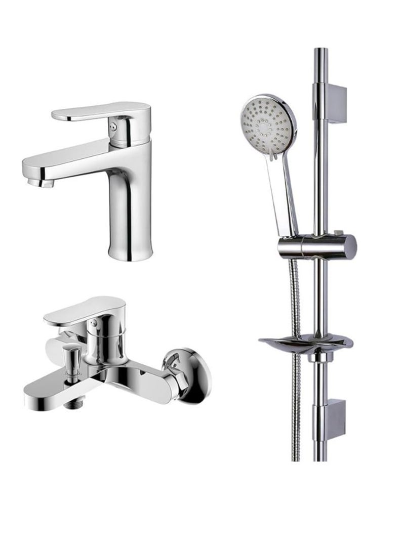 milano Fira Collection Basin & Shower Mixerw/Shower Kit (3Pcs) | Brass Body Complete Set | Shower Kit Set For Bathroom Toilet Washroom - Chrome - Image 1
