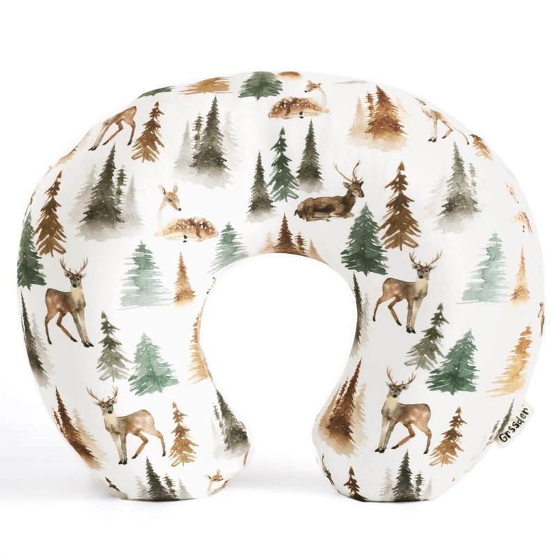 GRSSDER Nursing Pillow Cover Stretchy Minky Removable Nursing Covers for Breastfeeding Pillows, Ultra Soft Comfortable Slipcover for Boy and Girls, Stylish Watercolor Forest Deer and Leaves - Image 1