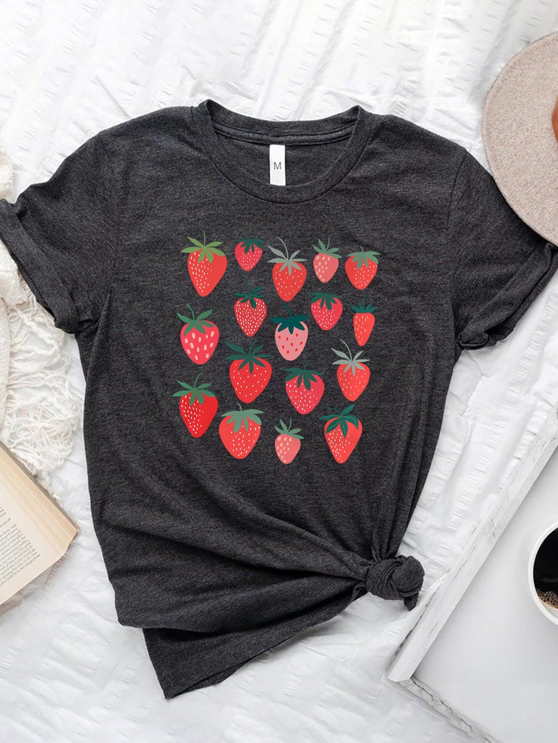 Foreign Trade Independent Station Women's Top Round Neck Strawberry Printed Short-sleeved T-shirt - Image 1