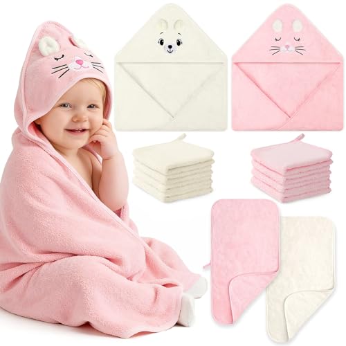 Flasoo 12 Pcs Baby Bath Towels Set for Infants Toddlers 2 Pcs Animal Hooded Bath Towel 2 Pcs Baby Burp Cloths 8 Pcs Washcloths Set Absorbent Soft Newborn Gift for Boys Girls Kitten Bear - Image 1