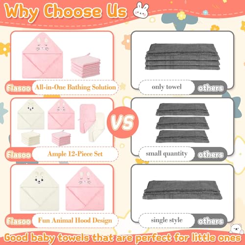 Flasoo 12 Pcs Baby Bath Towels Set for Infants Toddlers 2 Pcs Animal Hooded Bath Towel 2 Pcs Baby Burp Cloths 8 Pcs Washcloths Set Absorbent Soft Newborn Gift for Boys Girls Kitten Bear - Image 3