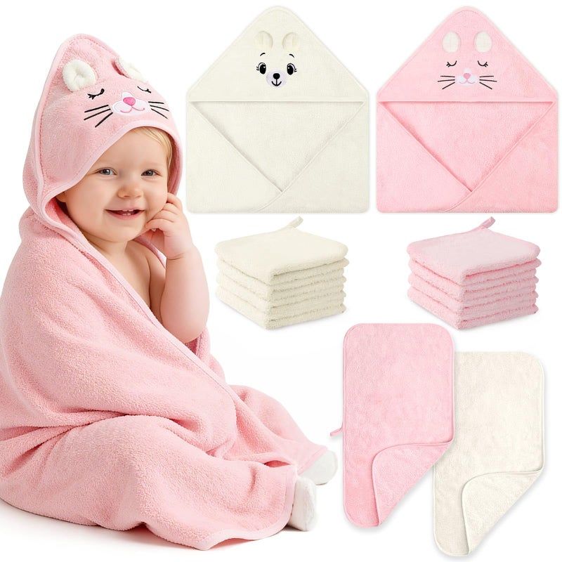 Flasoo 12 Pcs Baby Bath Towels Set for Infants Toddlers 2 Pcs Animal Hooded Bath Towel 2 Pcs Baby Burp Cloths 8 Pcs Washcloths Set Absorbent Soft Newborn Gift for Boys Girls Kitten Bear - Image 2