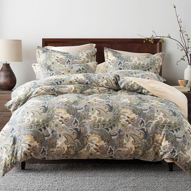 ALEISSEL 100% Natural Cotton 3pcs Duvet Cover Sets-Beige Duvet Cover with Luxurious Green, Gray & Yellow Leaves Patterns,Reversible Botanical Comforter Cover Sets with Button Closure(King,Paisley - Image 1
