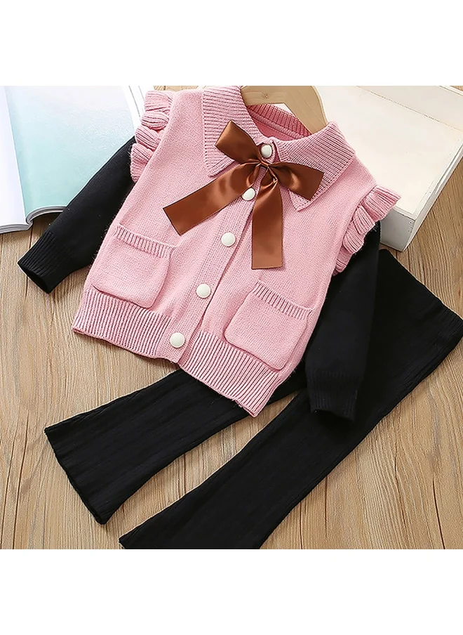 LITTLE SURPRISE BOX 2 pcs Pink Ruffled KnittedTop with Black Bootcut Winterwear Pants for Kids