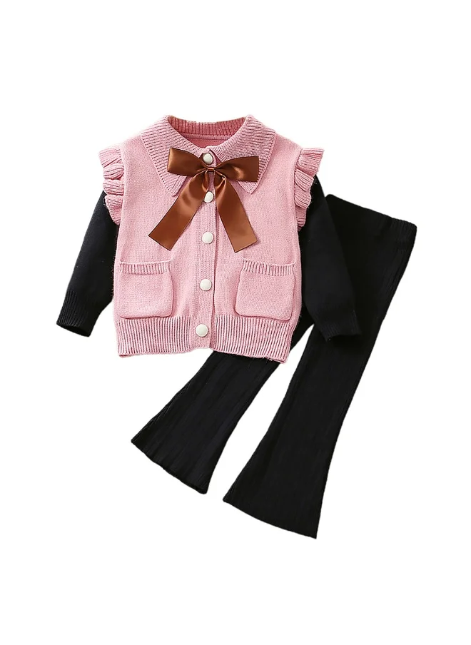 LITTLE SURPRISE BOX 2 pcs Pink Ruffled KnittedTop with Black Bootcut Winterwear Pants for Kids