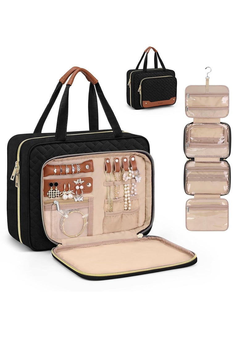 Wedama Wedama Toiletry Bag for Women, Hanging Travel Toiletry Bag with Jewelry Organizer Compartment Large Makeup Bag, PVC Waterproof Cosmetic Travel Bag for Travel Business Trips Camping Bathroom, Black  - Image 1