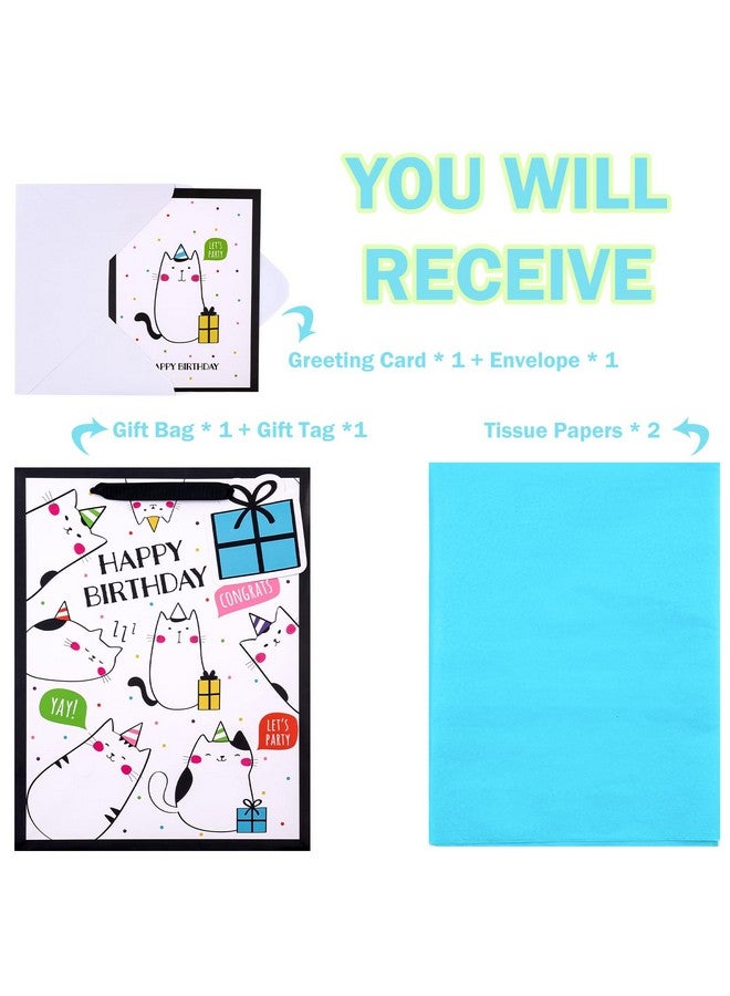 WRAPAHOLIC 13" Large Birthday Gift Bag With Card And Tissue Paper Adorable Cat Design Happy Birthday - Image 3