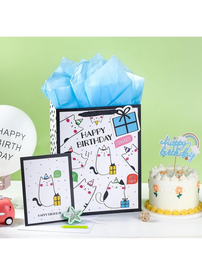 WRAPAHOLIC 13" Large Birthday Gift Bag With Card And Tissue Paper Adorable Cat Design Happy Birthday - Image 4