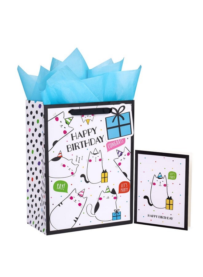 WRAPAHOLIC 13" Large Birthday Gift Bag With Card And Tissue Paper Adorable Cat Design Happy Birthday - Image 1
