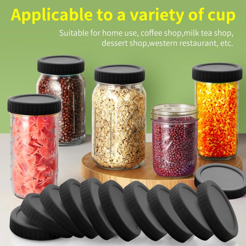 Wide Mouth Mason Jar Lids 3.38 Inch 10-Pack Black - Leak-Proof Seal with Silicone Ring Reusable Canning Jar Caps - BPA-Free Food Storage Lids for Kitchen Pantry Fridge - Image 5