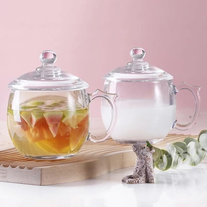 DARKZONE Glass Soup Mug with lid 220 mlCoffee Mugs with Handle 220ml Coffee Cup Lemon Tea Mug with Glass Lid Clear Tea Cup Set for Coffee Tea Milk Hot Cold Beverage Set of 4 - Image 1