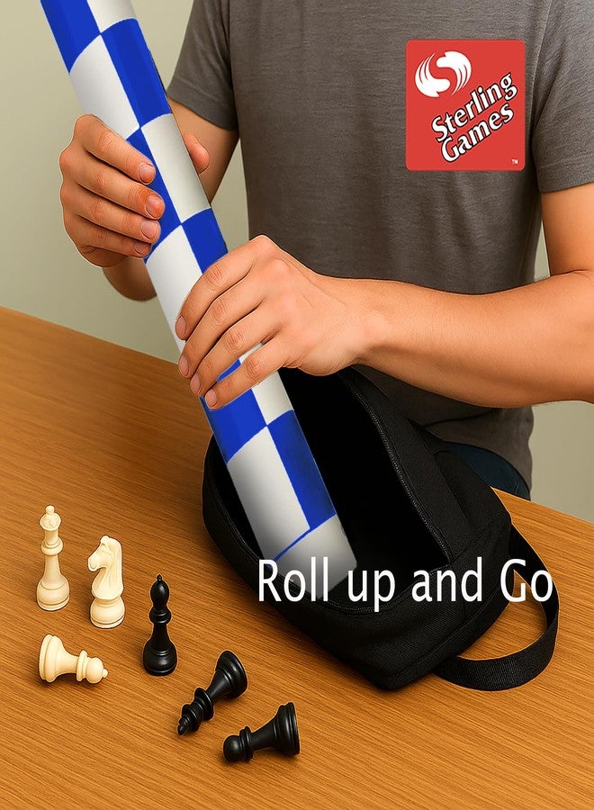 Sterling Games Extra Large 20" x 20" Roll Up Chess Mat and Pieces Set, Standard Tournament Chess Set with Blue Vinyl Portable Travel Mat and Single Weight Chess Pieces - Image 2