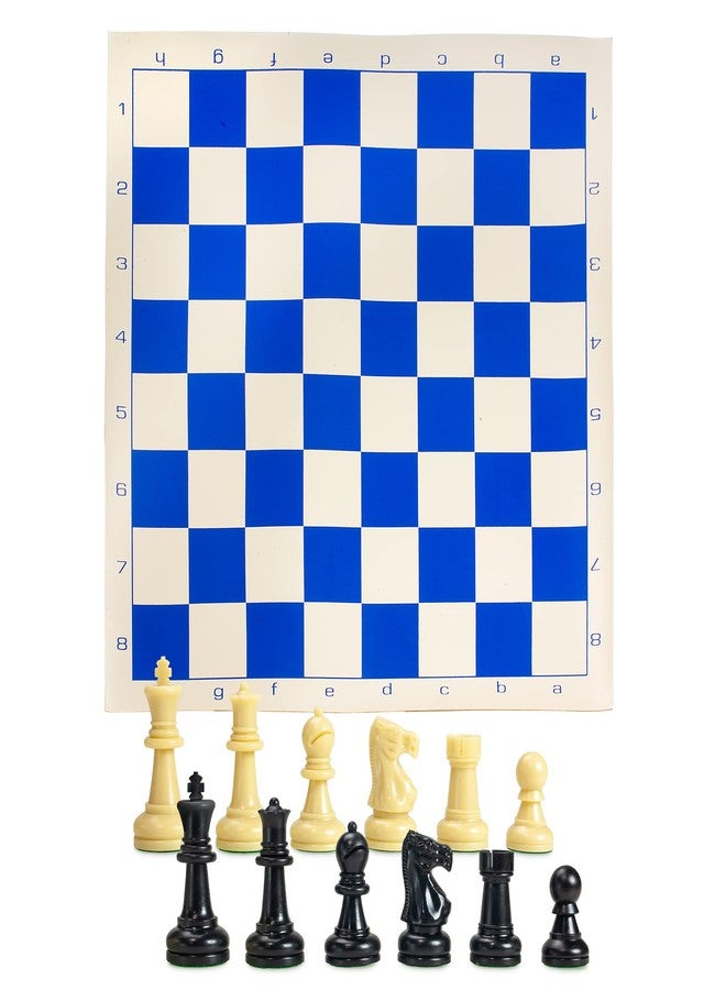 Sterling Games Extra Large 20" x 20" Roll Up Chess Mat and Pieces Set, Standard Tournament Chess Set with Blue Vinyl Portable Travel Mat and Single Weight Chess Pieces - Image 1