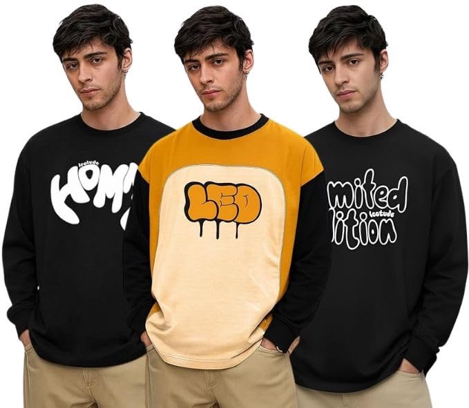 LEOTUDE Men's Oversized Full Sleeve Round Neck Tshirt for Man (FS22_MUSTRD_Leo_P_Multi23_3XL) - Image 1
