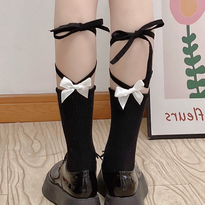 Japanese Style Personality Pure Girl Hot Girl Cute Bow Tie Cuff Socks Cotton Mid-tube Socks Slim Look Fashionable Socks - Image 2
