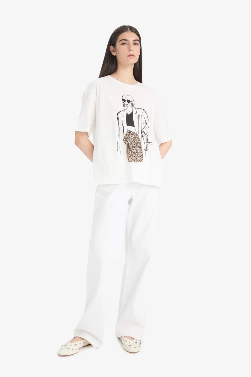 DeFacto Relax Fit Crew Neck Girl Printed Cotton T-Shirt