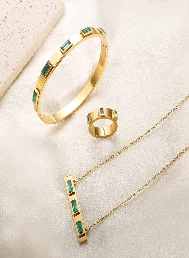 JINHUI Gold Bangles Bracelets for Women, 18K Gold Plated Green Emerald Birthstone Women’s Bangle Bracelets 6.7” Elegant Vintage Casual Gift (gold-greenstone) - Image 4