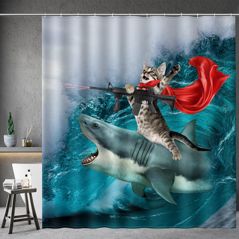 Aimego Funny Shark Cat Shower Curtain - Cute Cat Riding Shark in Ocean Fun Shower Curtains Set with 12 Hooks for Adults Bathroom Decor Accessories  72""x72""  Blue Red - Image 1