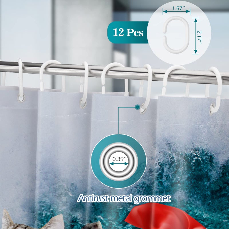 Aimego Funny Shark Cat Shower Curtain - Cute Cat Riding Shark in Ocean Fun Shower Curtains Set with 12 Hooks for Adults Bathroom Decor Accessories  72""x72""  Blue Red - Image 3
